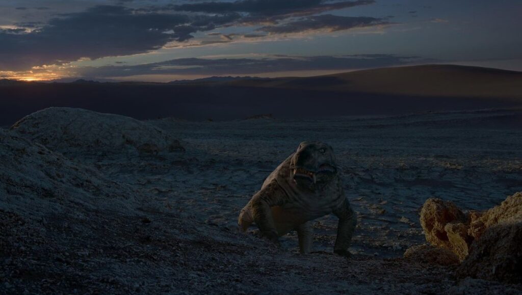 Dinosaur in Terrence Malick's Voyage of Time: Life’s Journey film. Prehistoric life, evolution, nature.