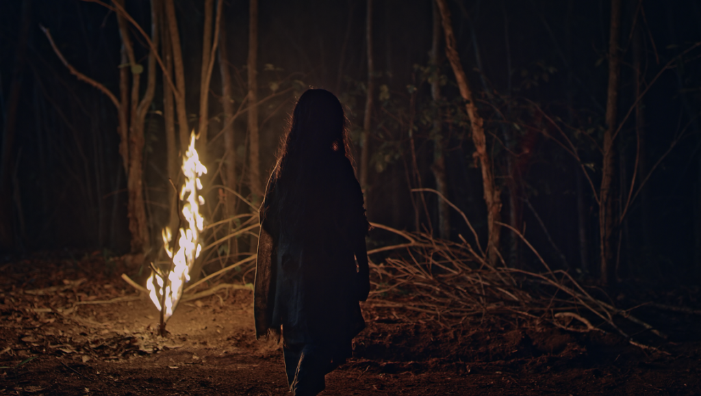 NYAFF 2020 — Dispatch 4: Soul, The Girl and the Gun, Miyamoto NYAFF 2020: Soul film still. Woman in dark forest with burning tree. Horror movie scene.