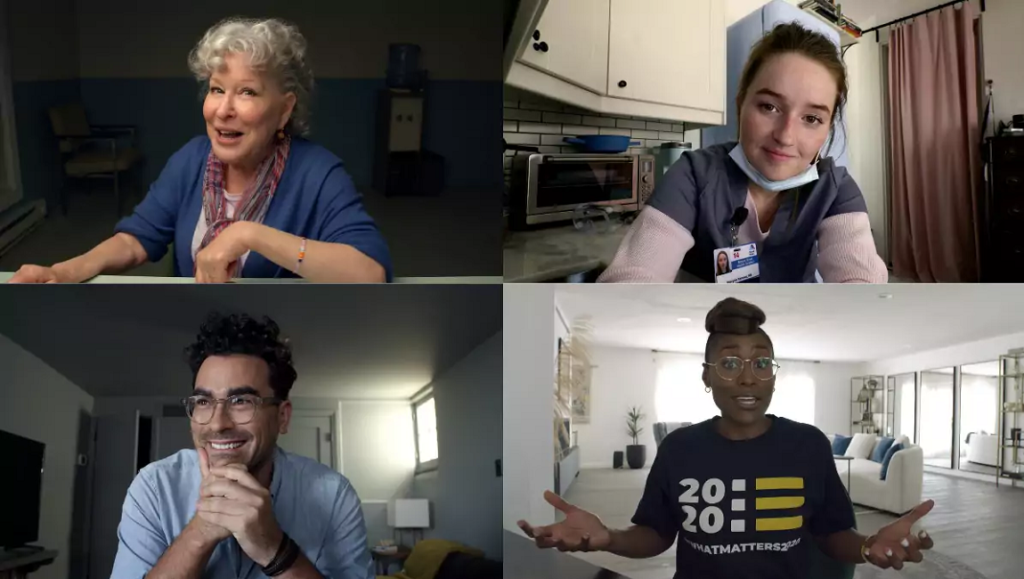 Coastal Elites | Jay Roach Coastal Elites cast: Bette Midler, Kaitlyn Dever, Dan Levy, Issa Rae in a scene from the Jay Roach film.