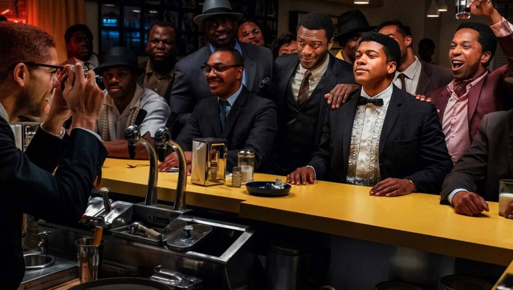 One Night in Miami movie scene. Men in suits gather at a bar, one taking a photo. TIFF 2020 film.