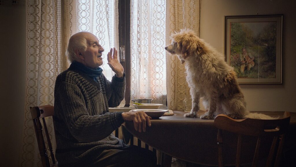 The Truffle Hunters | Michael Dweck & Gregory Kershaw The Truffle Hunters film still: Elderly man and truffle hunting dog at table.