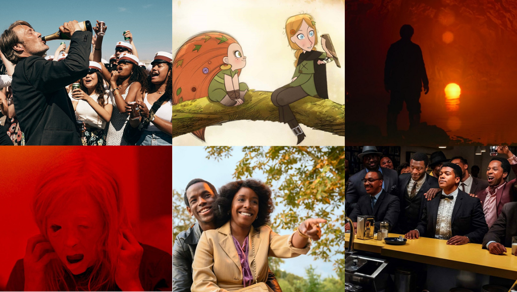 London Film Festival 2020 films: Mads Mikkelsen drinking, animation, silhouette, red face, couple, and men at a bar.