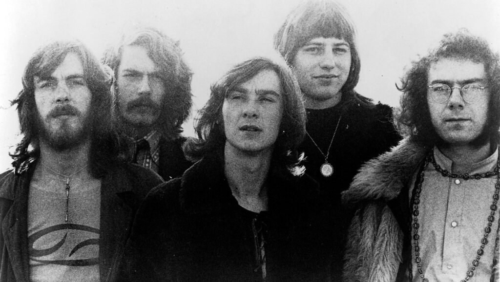 King Crimson band photo. Black and white image of the band In the Court of the Crimson King.