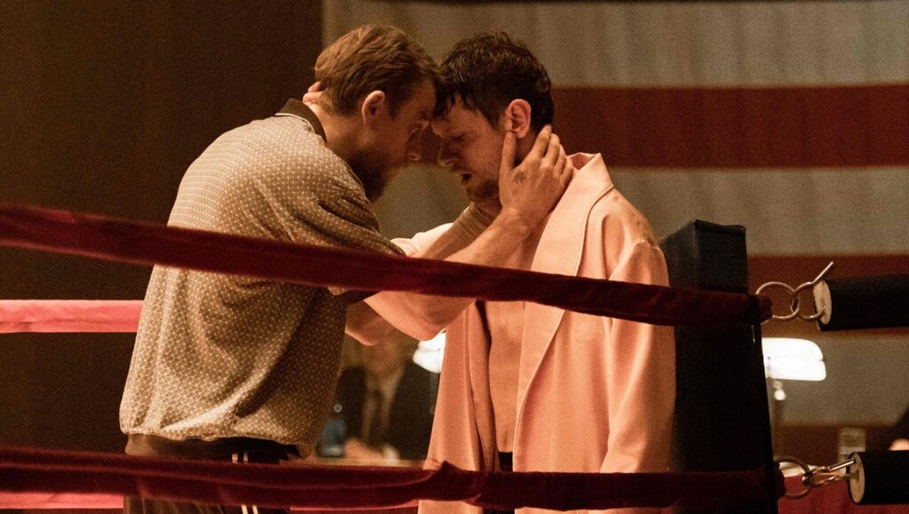 Jungleland | Max Winkler Jungleland movie scene. Boxer in ring with trainer, heads together. Drama, Max Winkler film.