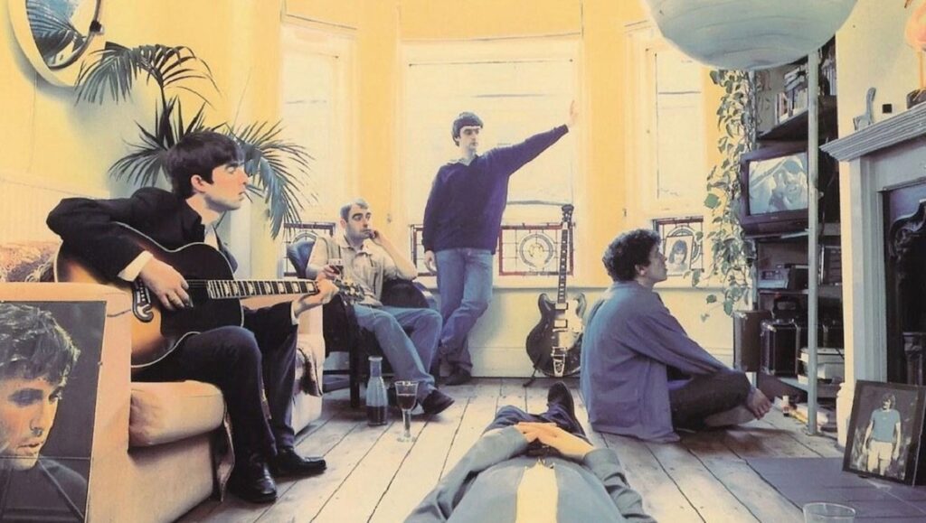 Oasis band members in a room. Definitely Maybe album era. Britpop band.