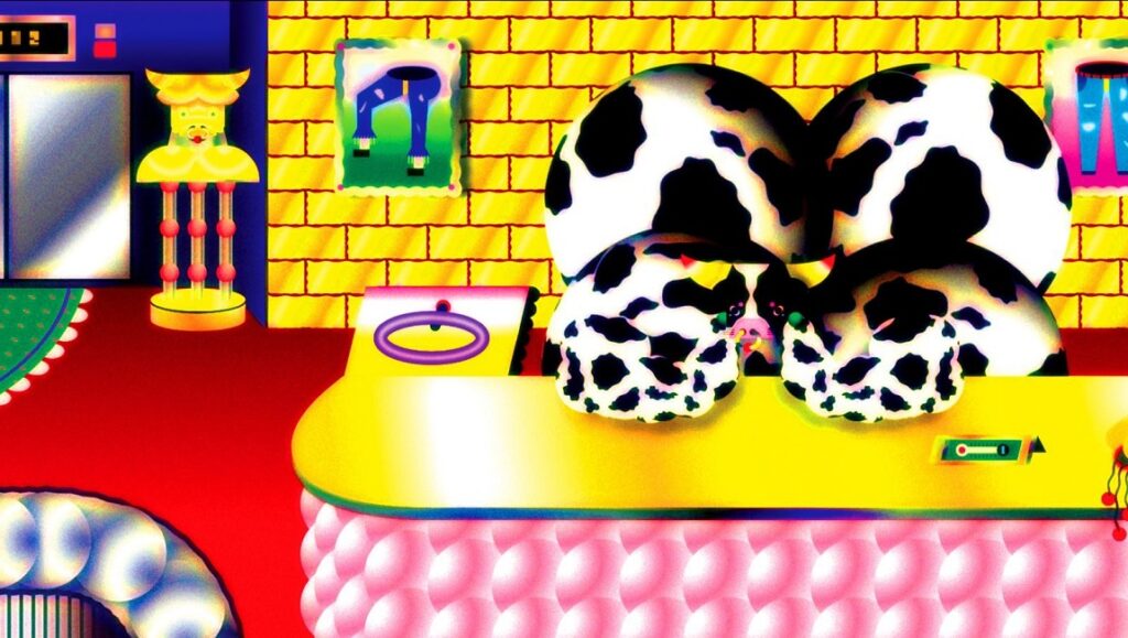 New Directors/New Films 2020 — Dispatch 4: The Shorts Programs Still from Fables at New Directors/New Films. Abstract, colorful animation with cow-print orbs and surreal interior design.