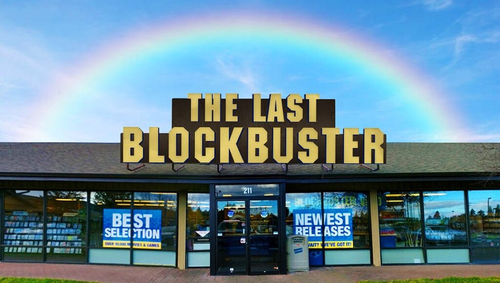 The Last Blockbuster video rental store with a rainbow in the sky. Nostalgic movie and game rentals.