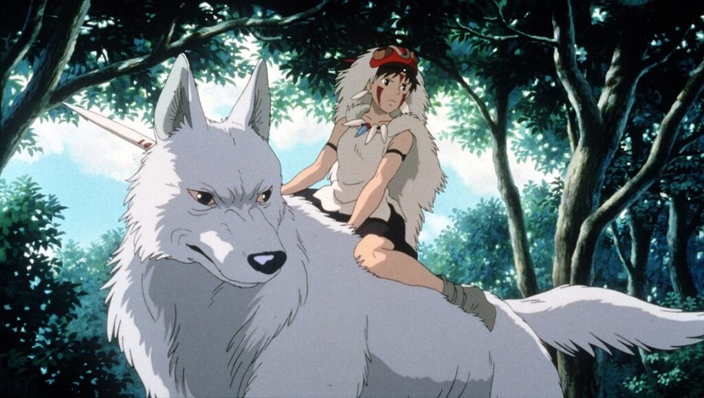 Princess Mononoke | Hayao Miyazaki Princess Mononoke: San riding a wolf. Hayao Miyazaki anime film.