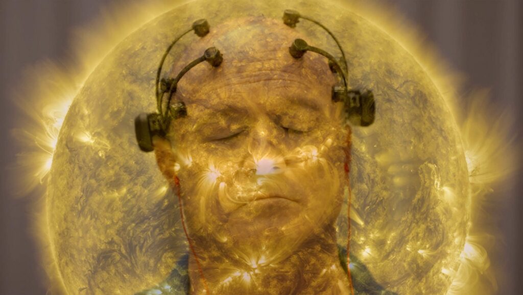 Sundance Film Festival 2021 — Dispatch 6: All Light, Everywhere, On the Count of Three, R#J All Light, Everywhere Sundance Film Festival image. Man with headset overlaid with sun imagery.
