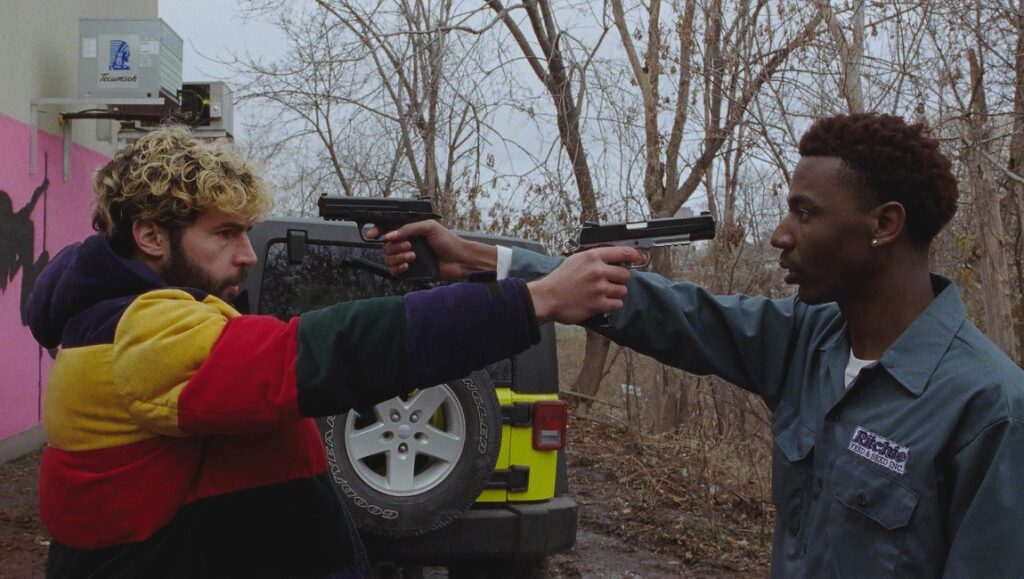 On the Count of Three — Jerrod Carmichael On the Count of Three Sundance Film Festival image: Two men point guns at each other. Dark comedy film.