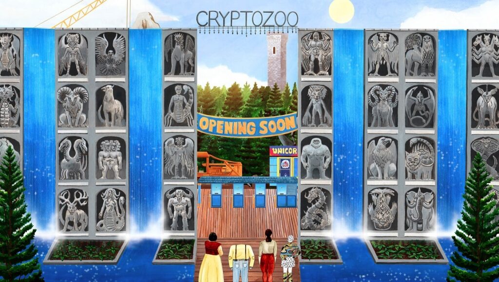 Cryptozoo film art. Cryptid statues line the entrance to the Cryptozoo, with an Opening Soon sign. Sundance Film Festival 2021.