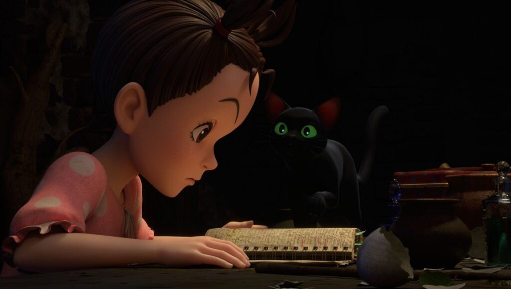 Earwig and the Witch scene. Earwig reads a book with a black cat looking on. Goro Miyazaki film.