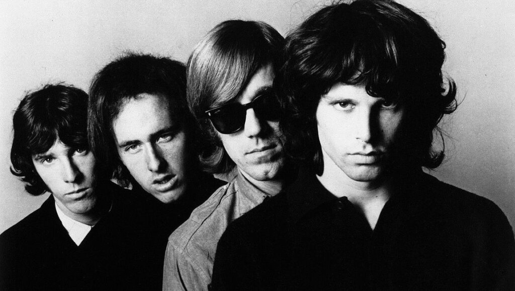 Black and white portrait of The Doors, iconic American rock band.