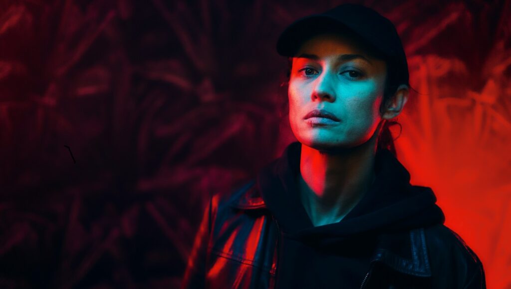 Sentinelle | Julien Leclercq Julien Leclercq's Sentinelle: Woman in cap, leather jacket, and hoodie, lit with red and blue.