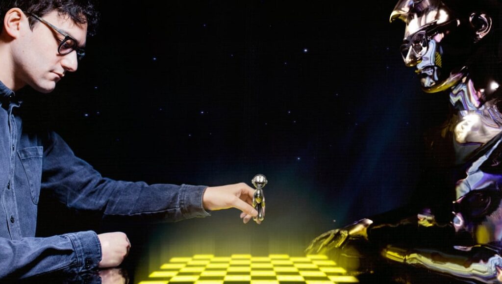 Best Albums of 2021: Danny L. Harle | Harlecore Danny Harle album art. Man plays chess against a robot on a glowing yellow board. February 2021 music roundup.