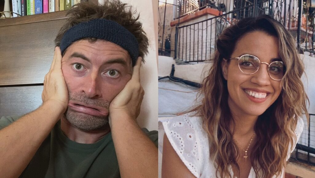 Language Lessons film still. Mark Duplass makes a silly face. Natalie Morales smiles in glasses. Berlin Film Festival 2021.