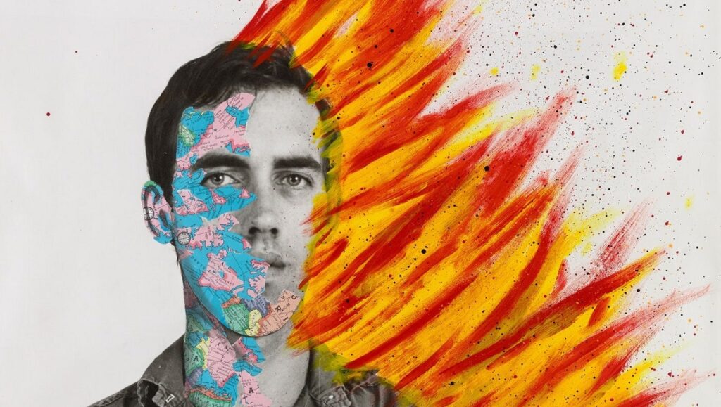 Tina film poster: Portrait with half face map and fire. Dan Lindsay & T.J. Martin documentary.