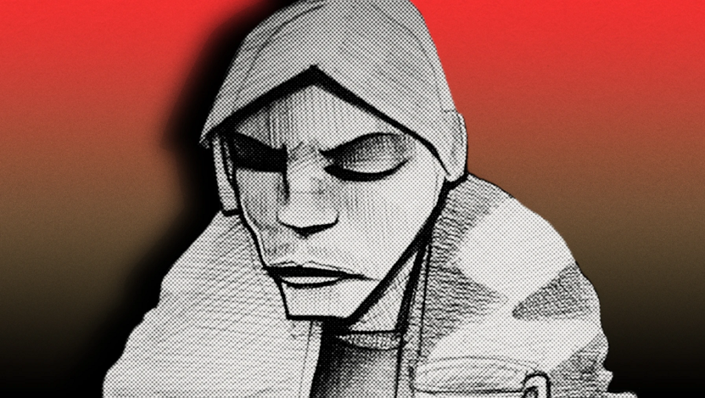 Untrue album art by Burial. Sketch of hooded figure with red background.