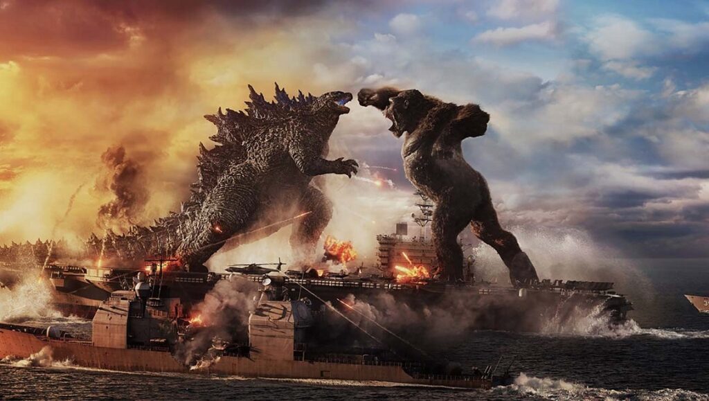 Godzilla vs. Kong on a warship. Epic monster battle scene.