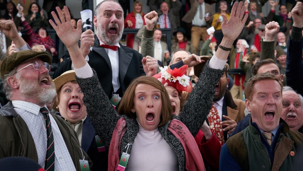 Dream Horse | Euros Lyn Excited crowd cheering in Dream Horse movie. Toni Collette, Damian Lewis, Euros Lyn film. Horse racing fans celebrate.