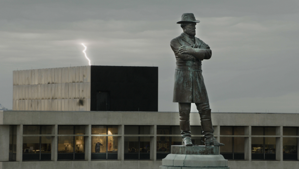 Still from The Neutral Ground at Tribeca Film Festival. Statue, lightning.