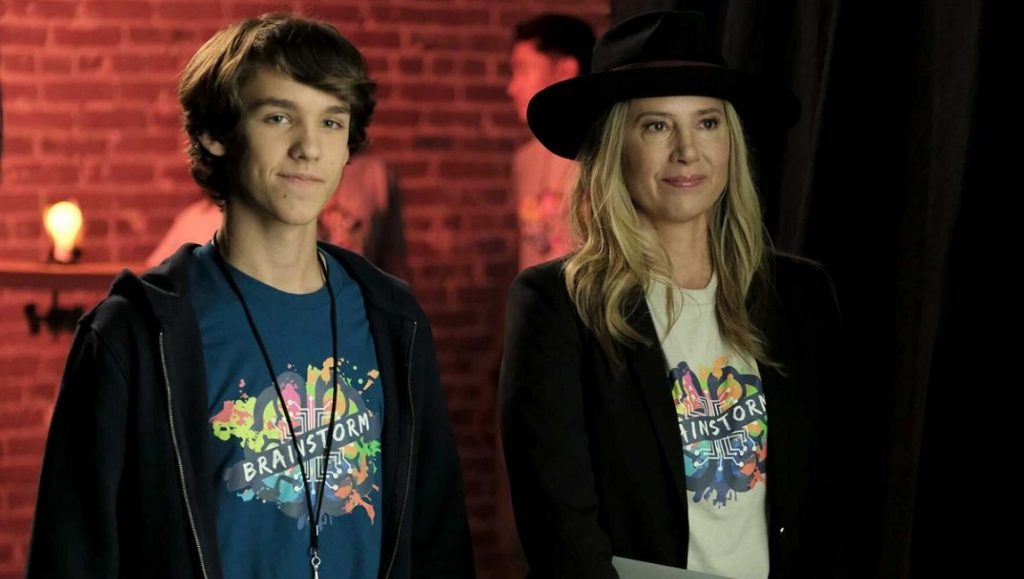 Hero Mode movie scene with Mira Sorvino and Chris Brochu. Brainstorming, creativity, and teamwork.