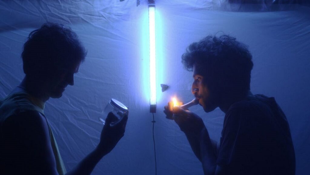 Two people smoking indoors under a blue light. One holds a jar, the other lights a pipe.