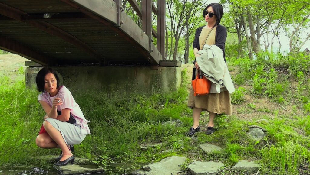 Two women in a park. One squats smoking under a bridge, the other stands with a coat and purse. Nature scene.