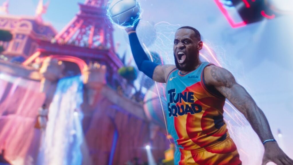 LeBron James in Space Jam: A New Legacy. James in Tune Squad jersey holding a basketball.