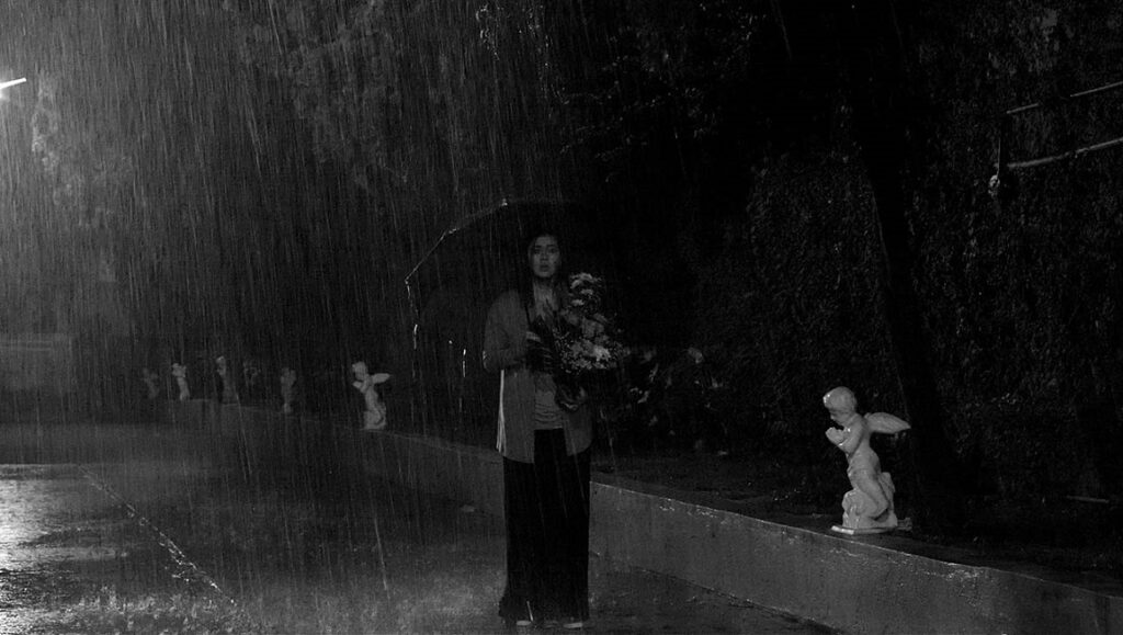 The Halt by Lav Diaz: Woman with umbrella in heavy rain, holding flowers. Black and white film still.
