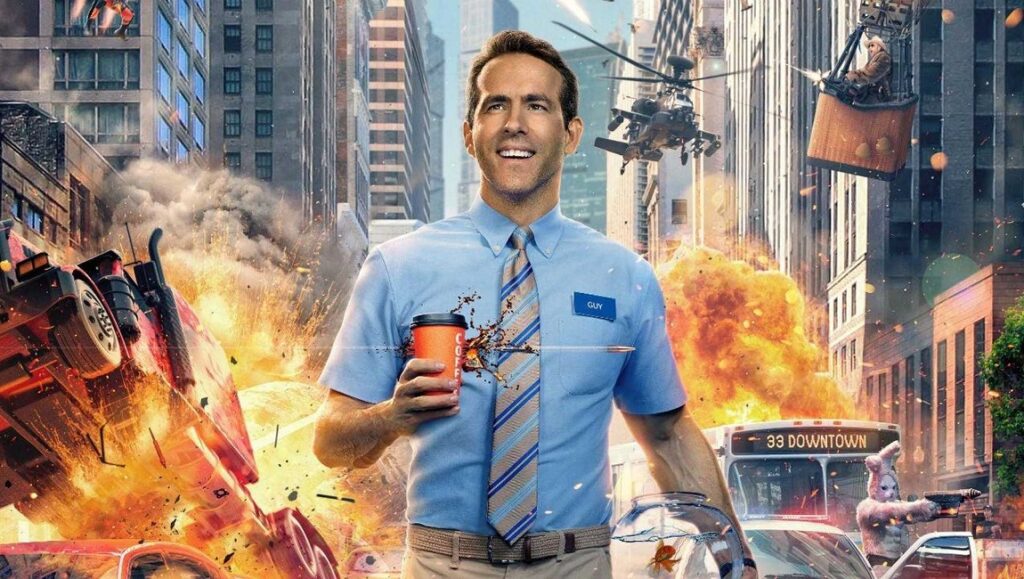 Free Guy movie poster. Ryan Reynolds stars in Shawn Levy's action comedy. Cityscape with explosions and chaos.