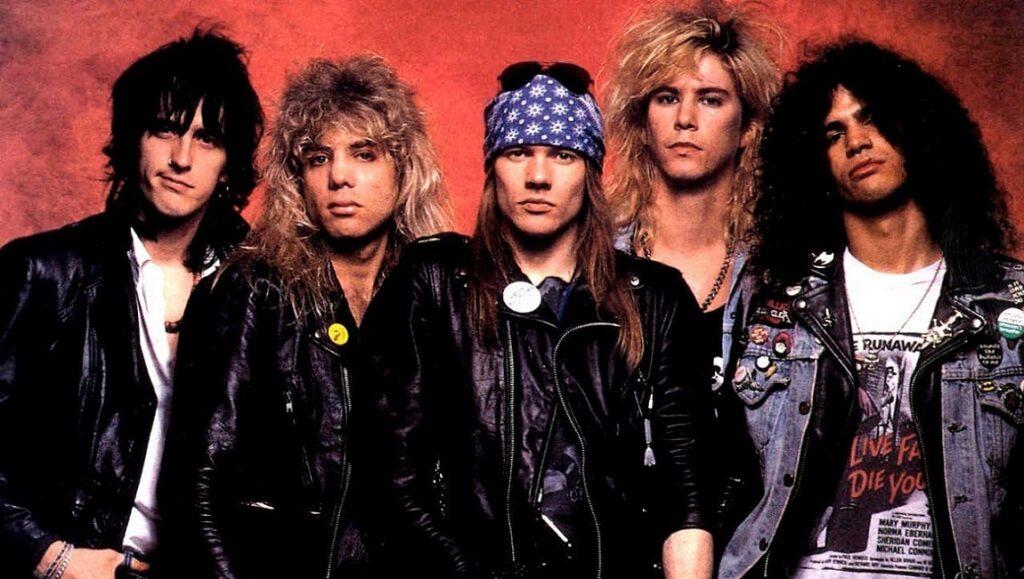 Guns N' Roses band photo. Appetite for Destruction era lineup. Classic rock image.