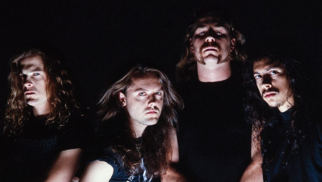 Metallica band photo. Group shot of James Hetfield, Lars Ulrich, Kirk Hammett, and Jason Newsted. Metallica [The Black Album].