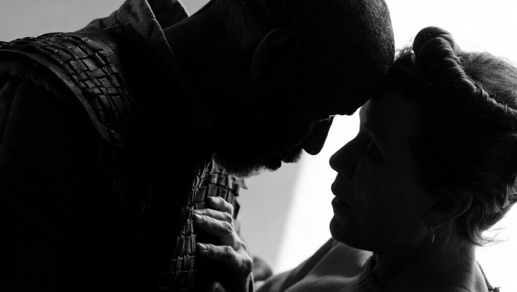 The Tragedy of Macbeth at NYFF 2021. Denzel Washington and Frances McDormand in black and white.