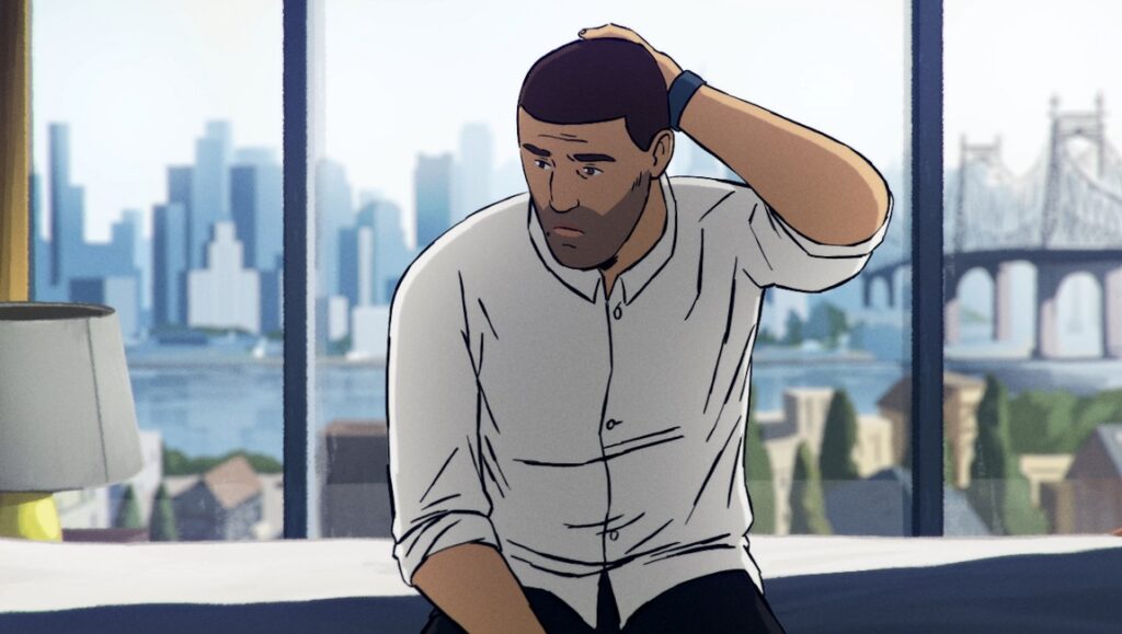 Flee | Jonas Poher Rasmussen Still from Flee, NYFF 2021 film. Animated man with hand on head, city skyline and bridge in background.