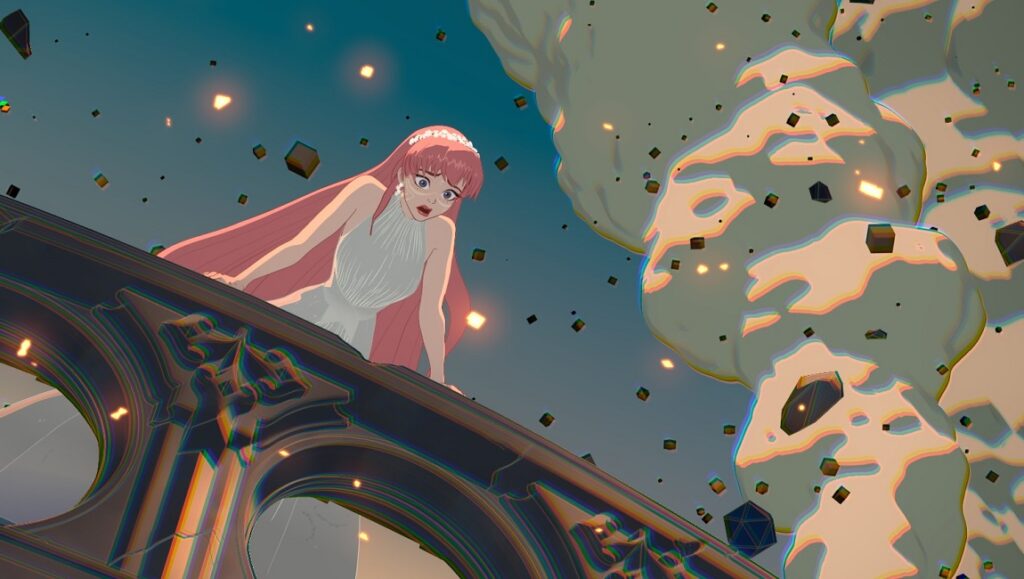 Belle — Mamoru Hosoda Belle film still from NYFF 2021. Anime girl with pink hair and white dress looks over ornate balcony. Debris floats in sky.