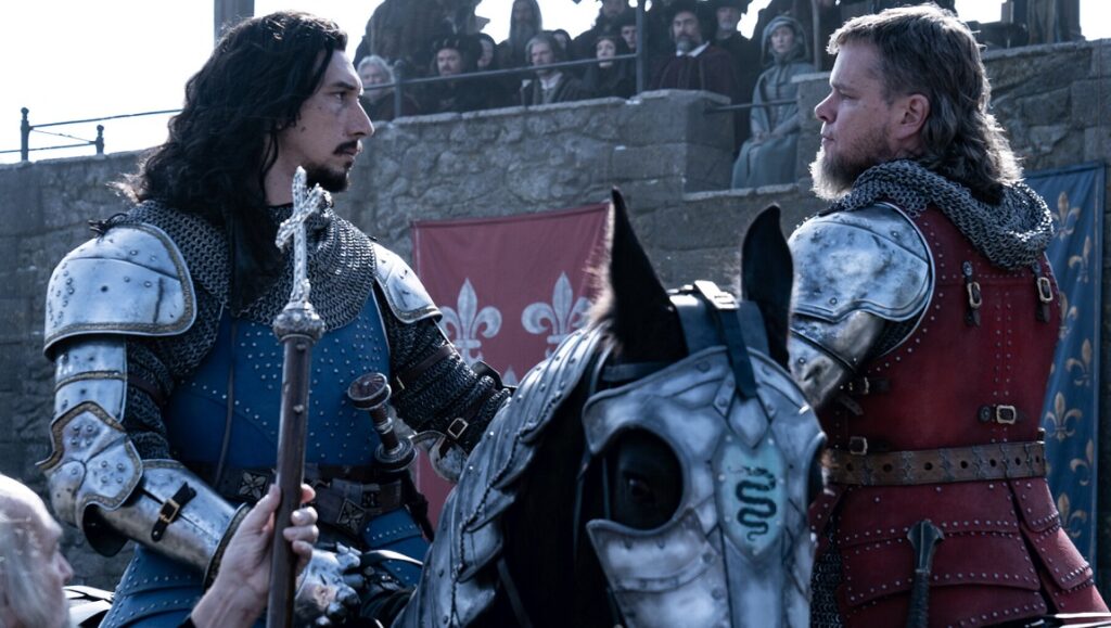 Adam Driver and Matt Damon in Ridley Scott's The Last Duel movie. Knights on horseback.
