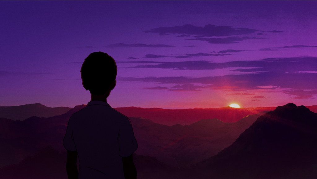The Summit of the Gods | Patrick Imbert The Summit of the Gods scene: A silhouette of a boy gazing at a mountain sunset.