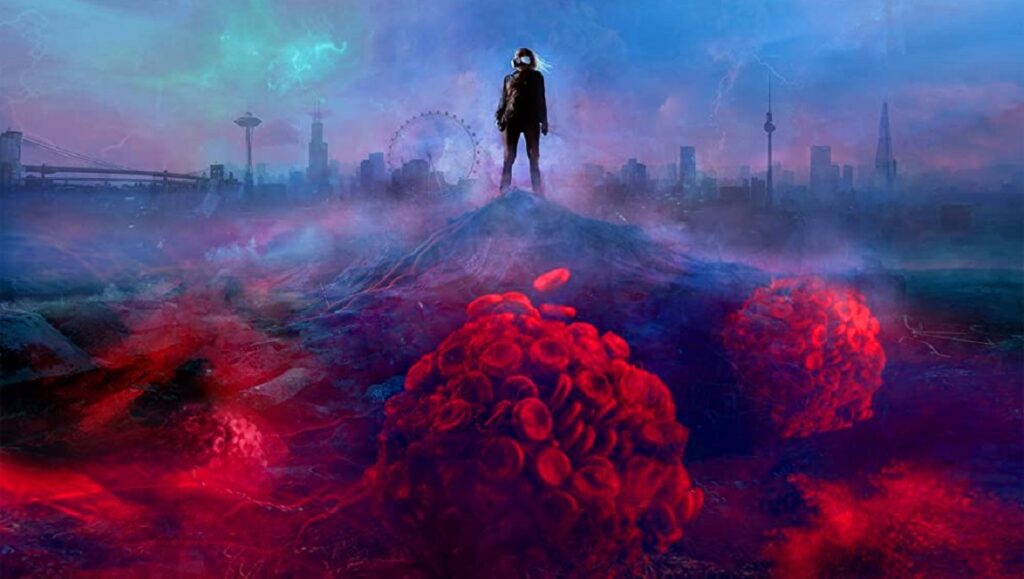 Isolation | Various Directors Isolation art: Figure in VR headset stands on hill overlooking dystopian cityscape with red blood cell clusters. November 2021.