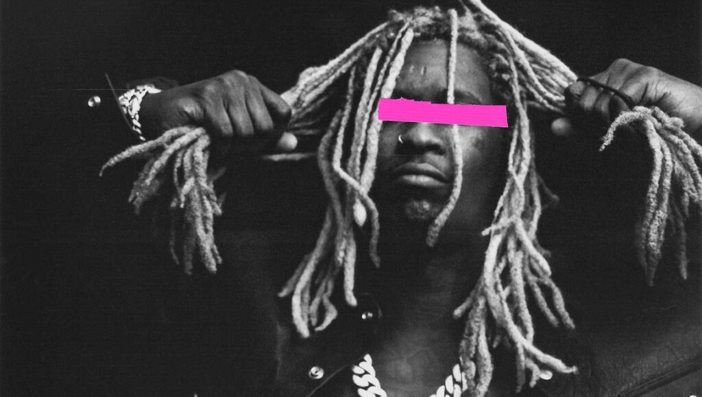 Young Thug | Punk Young Thug album cover. Black and white portrait of the rapper with dreadlocks and a pink bar over his eyes.