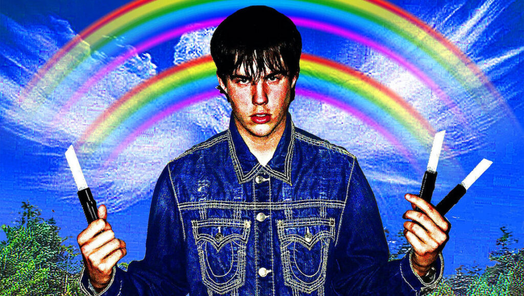 Best Albums of 2021: Sematary | Rainbow Bridge 3 Sematary, Top 25 Albums 2021. Man in denim jacket holding knives, rainbow and sky background. Honorable Mentions.