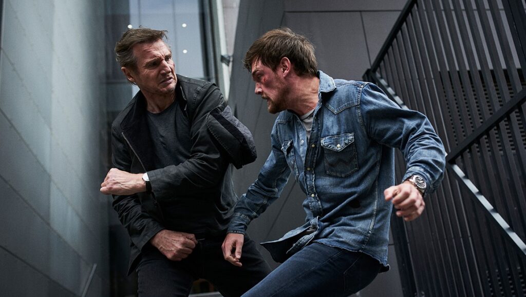 Liam Neeson in Blacklight movie scene. Action shot of a fight, Mark Williams film.