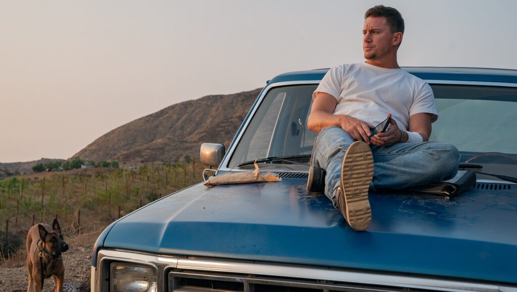 Channing Tatum from Dog movie sitting on a truck with a Belgian Malinois dog.