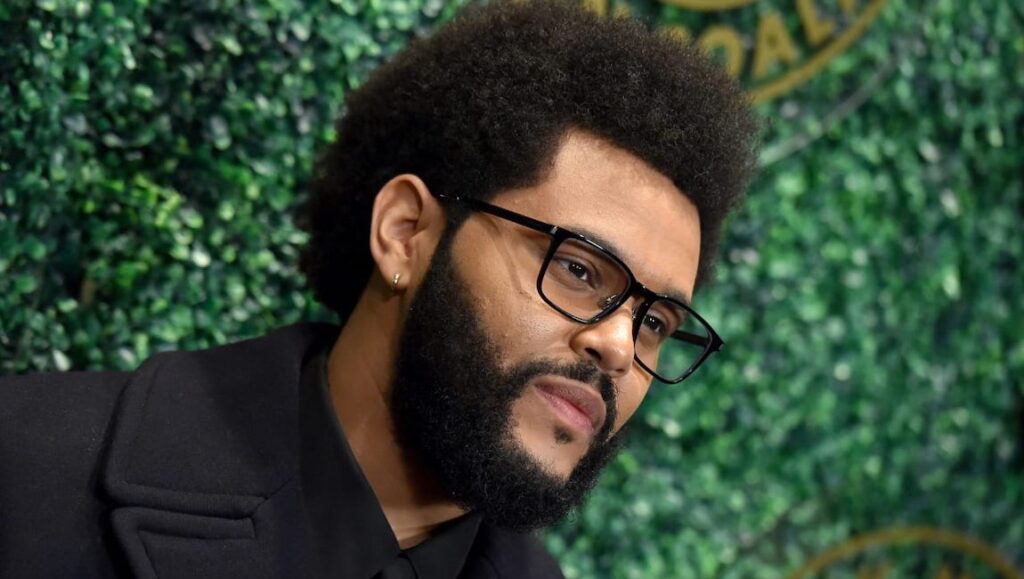 The Weeknd in January 2022. Portrait of the singer with glasses and a beard.