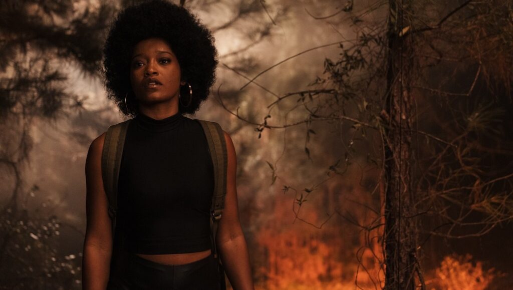 Alice — Krystin Ver Linden Keke Palmer as Alice in Alice by Krystin Ver Linden. Woman with afro and backpack stands before a fiery backdrop.