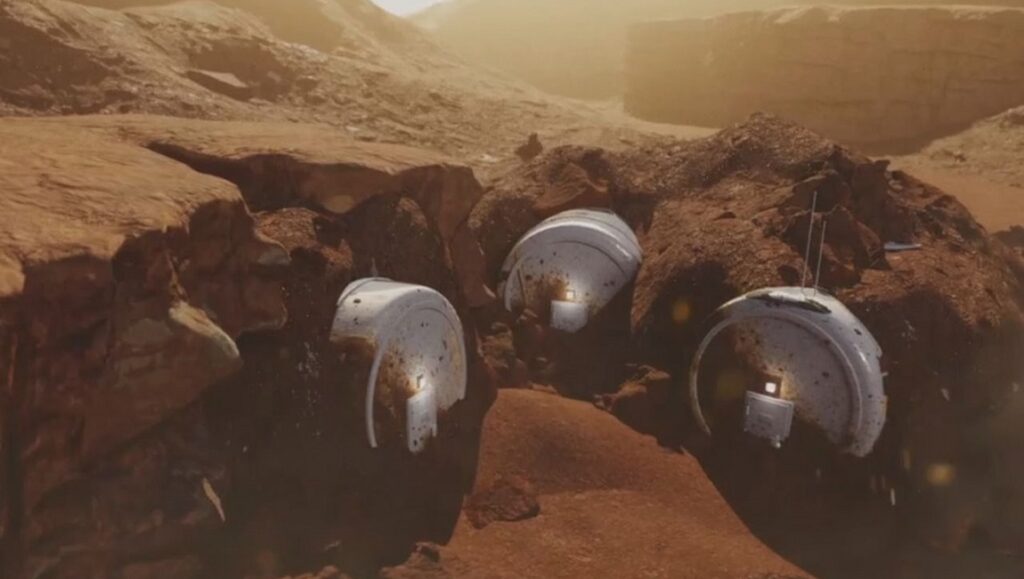 Last Exit: Space — Rudolph Herzog Last Exit: Space image. Mars landscape with robotic landers. Rudolph Herzog film.