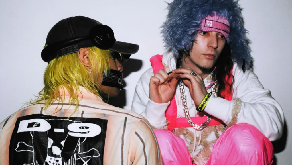 Bladee & Ecco2K, Crest album art. Ecco2K with blue fur hat, pink headband, and Bladee with yellow hair and D-9 shirt.