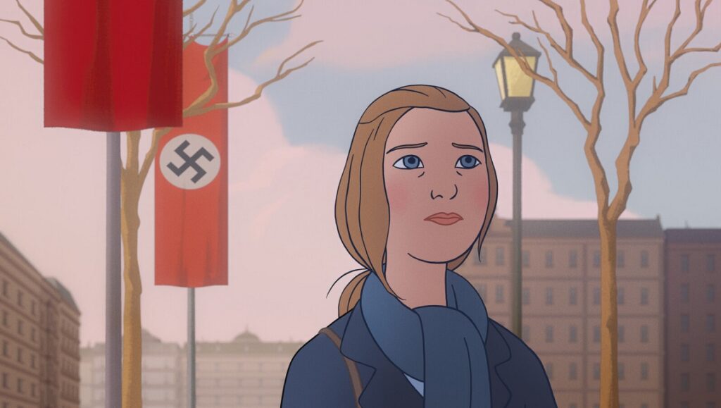 Charlotte movie scene. Woman in scarf, Nazi flags, city backdrop. Éric Warin & Tahir Rana film.