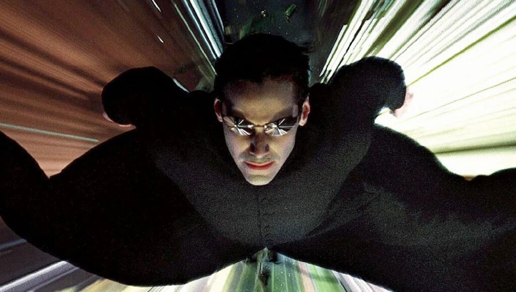 Keanu Reeves as Neo in The Matrix. Futuristic cinema and sci-fi movie concept.