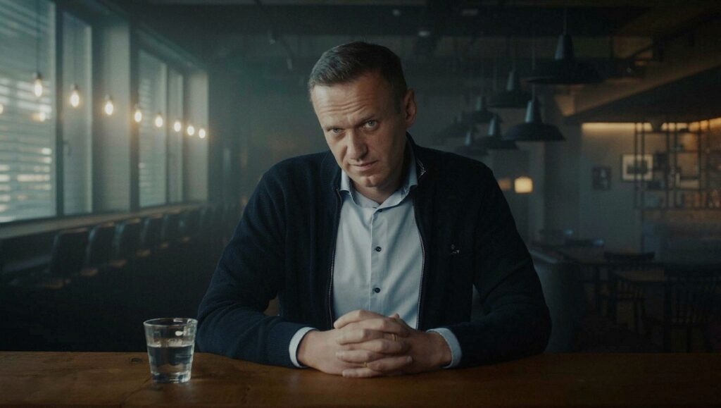 Navalny, Daniel Roher film. Alexei Navalny sits at a table with a glass of water.